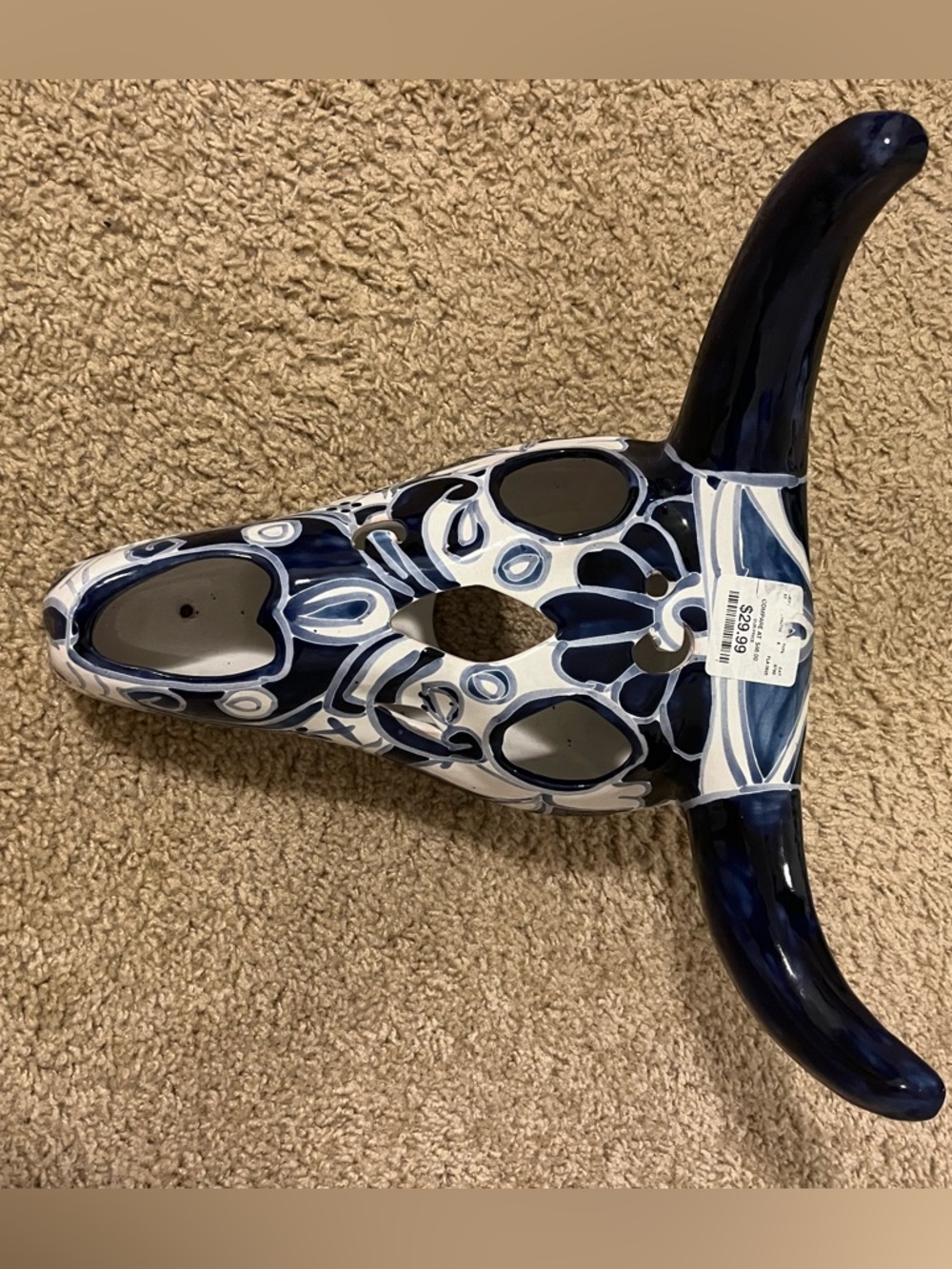 Hand-Painted Ceramic Bull Skull in Navy and White